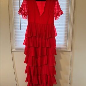 PrettyLittleThing Red Tiered Ruffle Maxi Dress